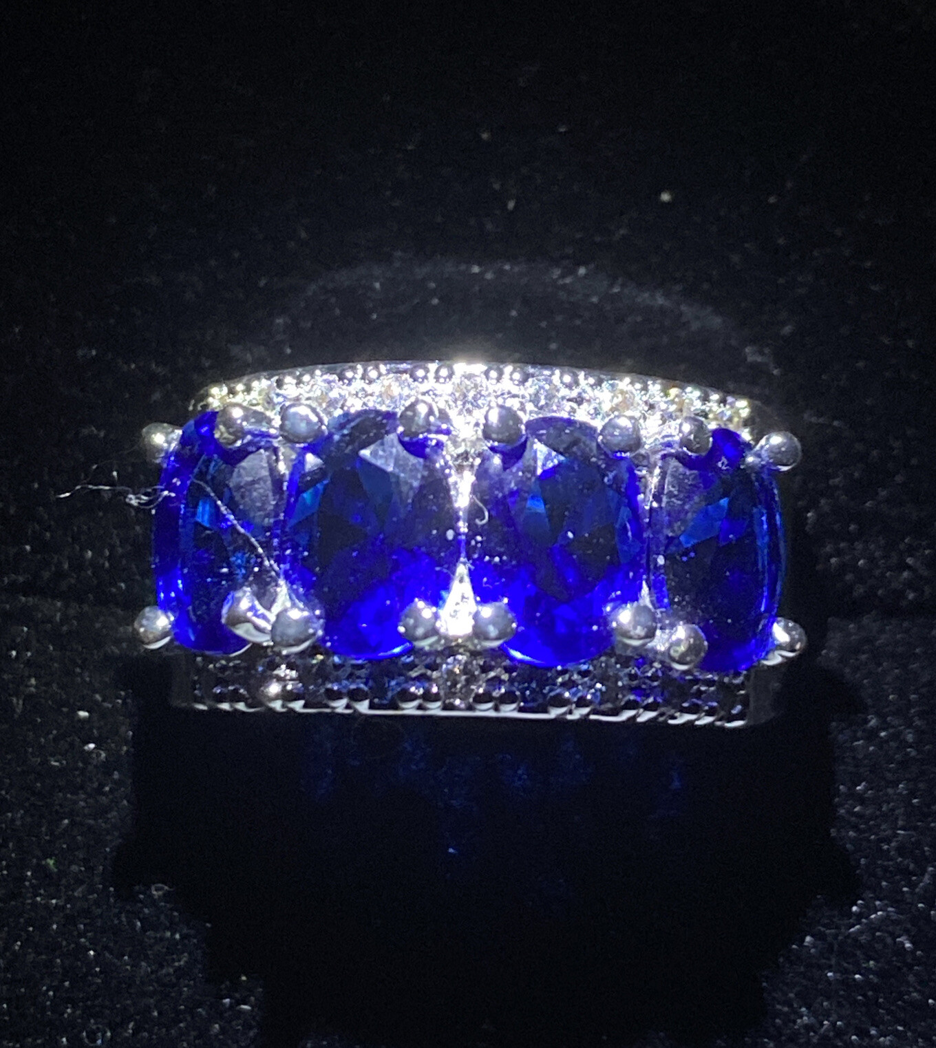 Created White Sapphire And Blue Diamante Ring. 4 Stone Wide Band Size P1/2 56