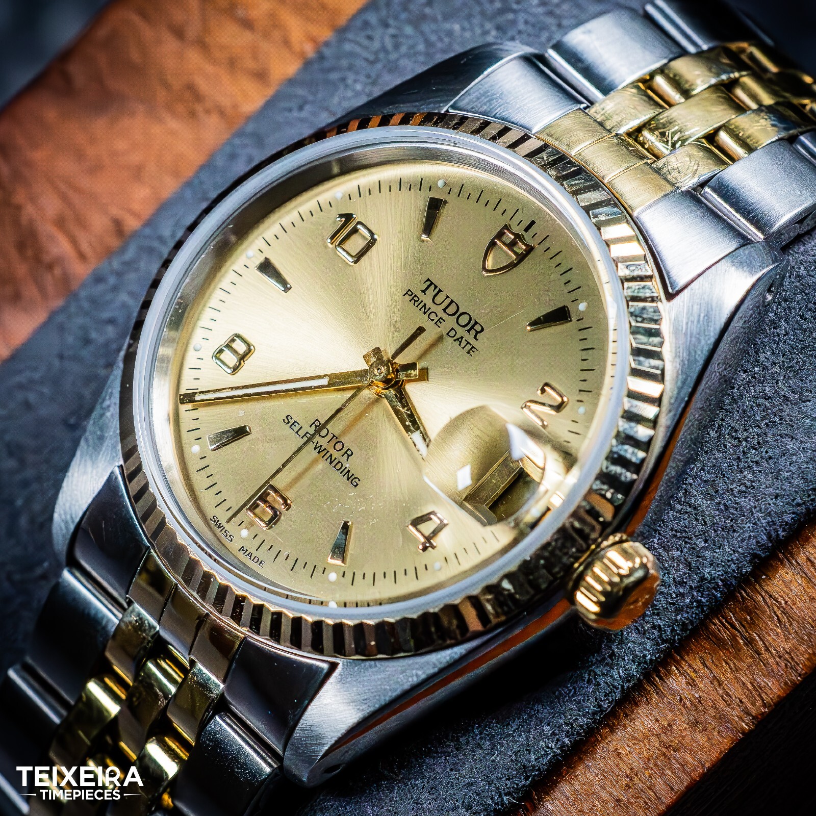 Tudor Prince Date 74033 Champagne 18k Fluted Bezel and Jubilee Bracelet 34mm