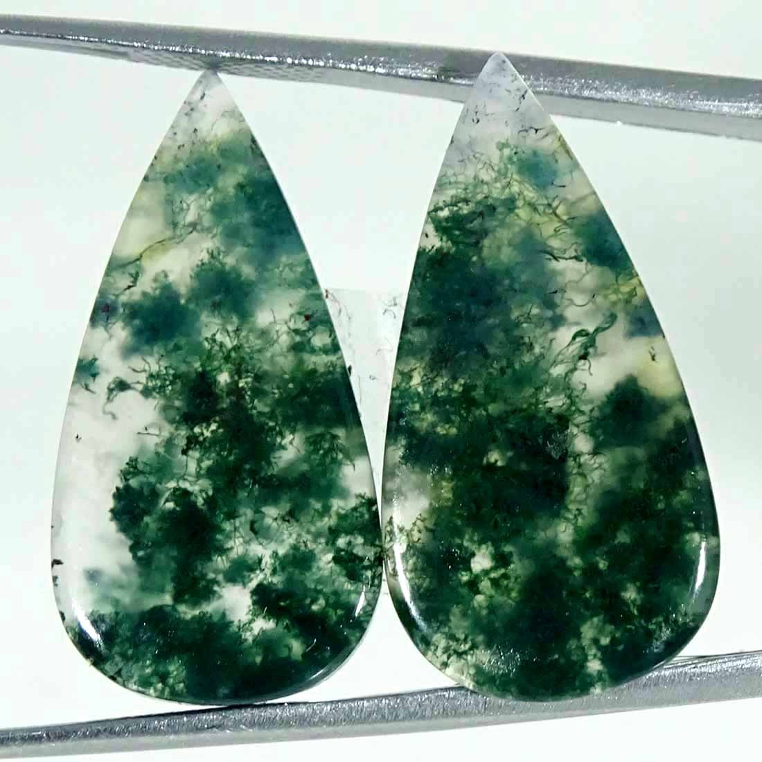 20.50Cts Natural Green Moss Agate Pear Pair Cabochon Loose Gemstone 13x25x4mm