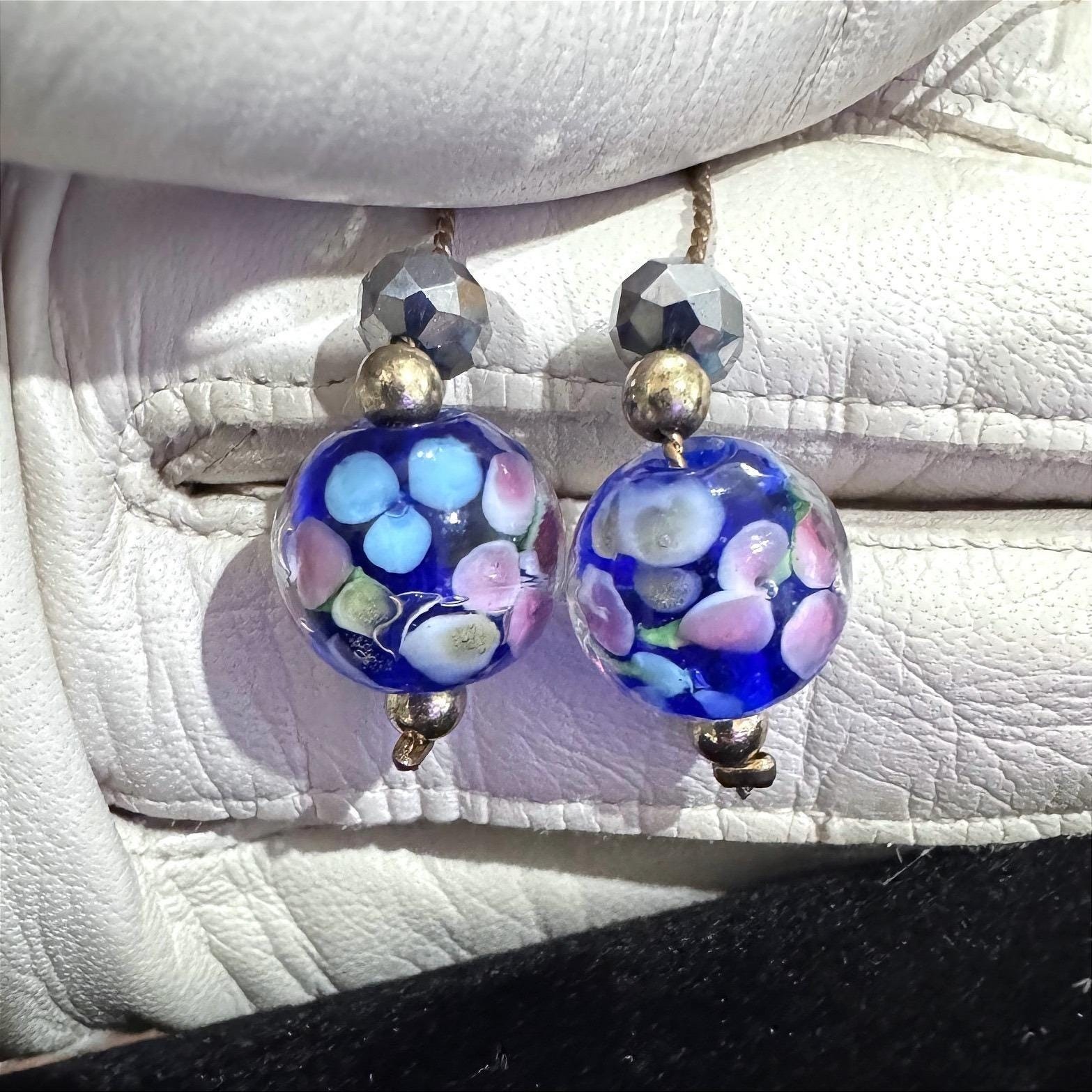 Artisan Handmade Italian Vibe Millefiori Glass Floral Gold Tone Drop Style