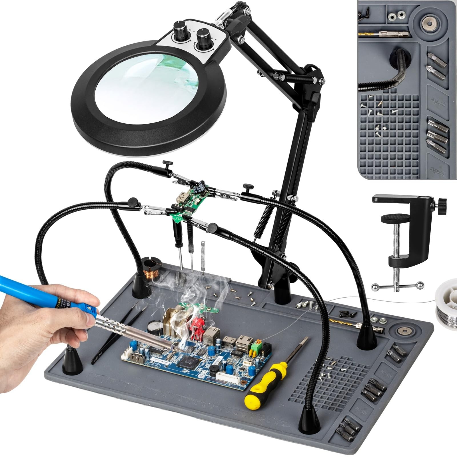 KUVRS Helping Hands Soldering Station, 10X Magnifying Glass with Light and St…