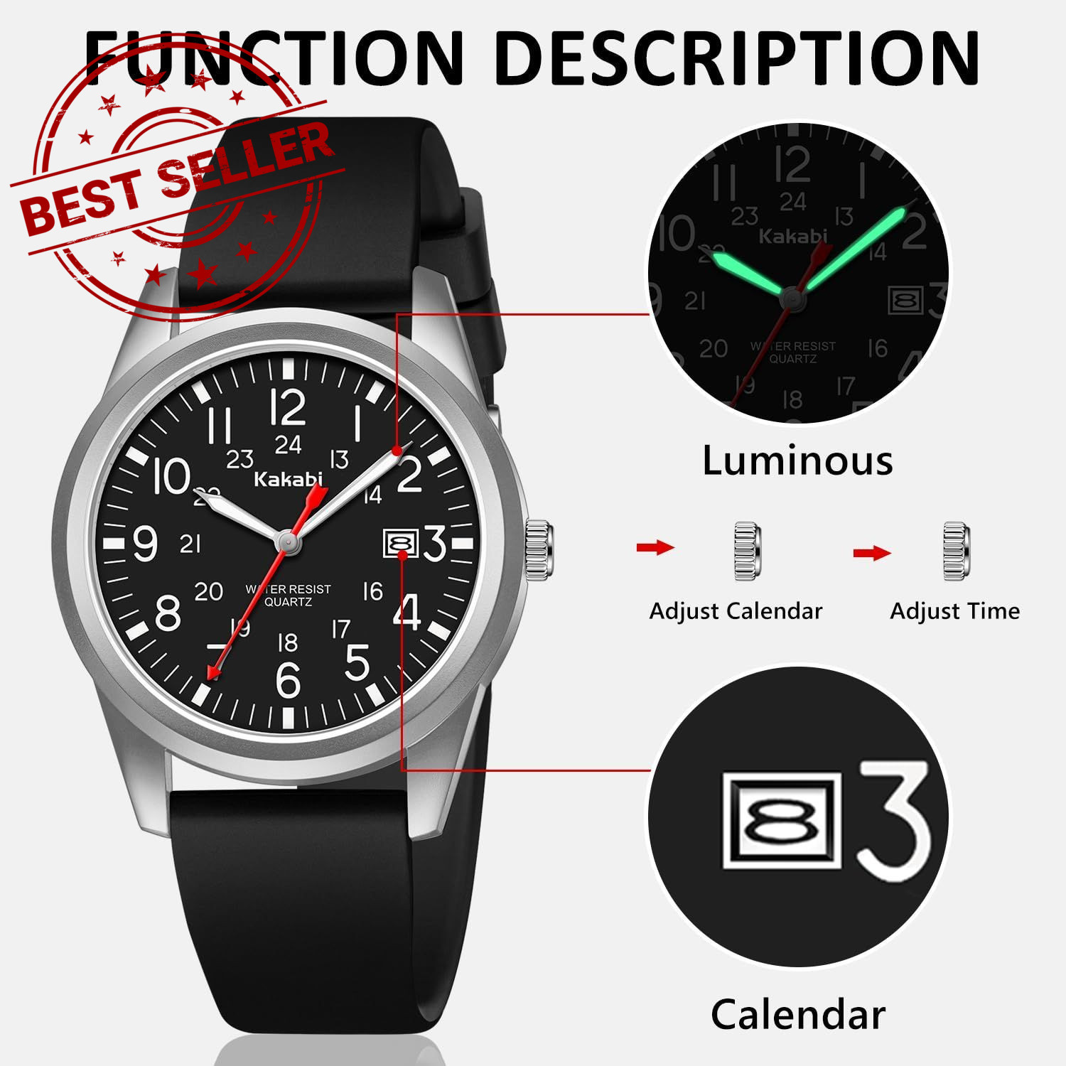 Kakabi Men’s Easy to Read Watch, Unisex Military Sport Analog 011-SilverBlack