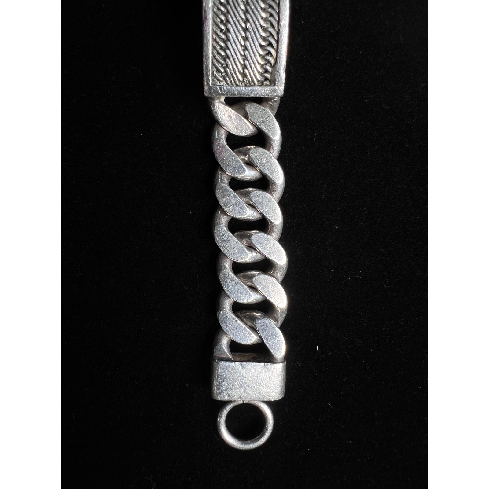 LOIS HILL 7.5″ SS 925 Indonesia Textile Weave ID Plate Men’s Cuban Link Bracelet
