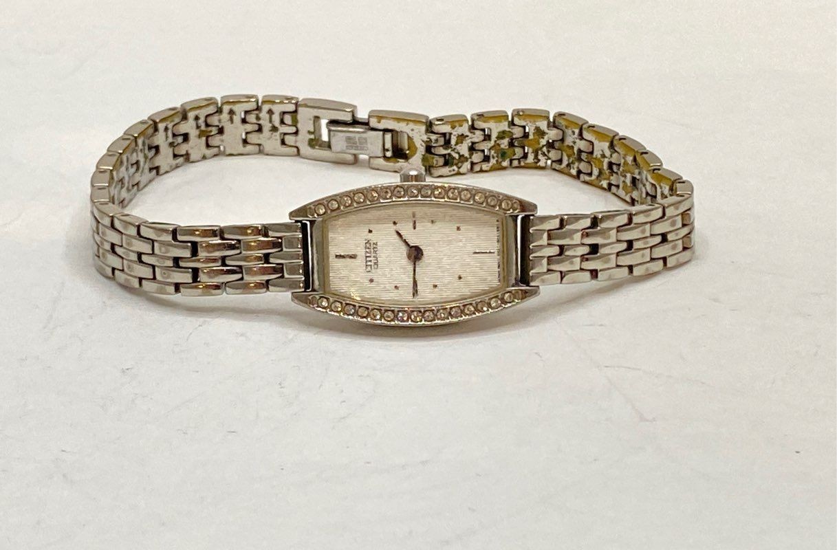 Citizen Women’s Tonneau Quartz Watch Silver Tone Rhinestone Bezel 5421-S011469