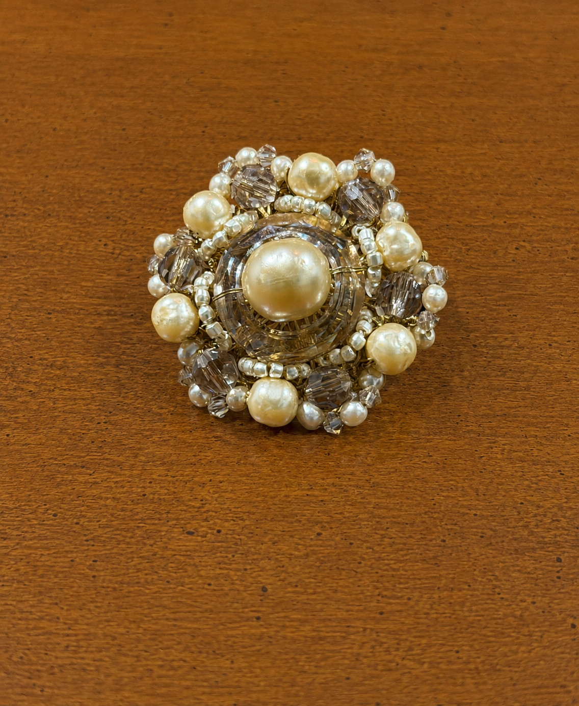 Signed Vintage Miriam Haskell Faux Pearl & Crystal Statement Ring Cocktail Ring