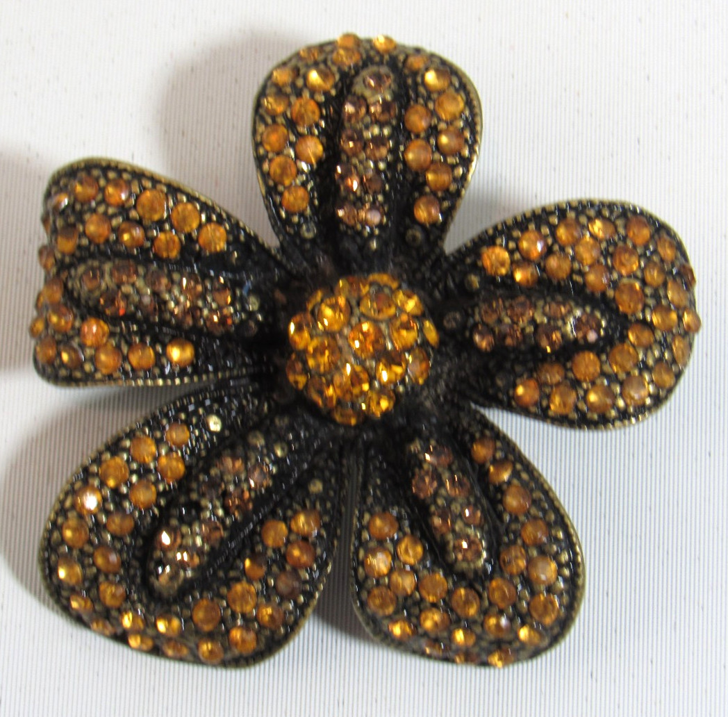 Vintage Erica Lyons Amber Rhinestone on Black Flower Brooch Pin