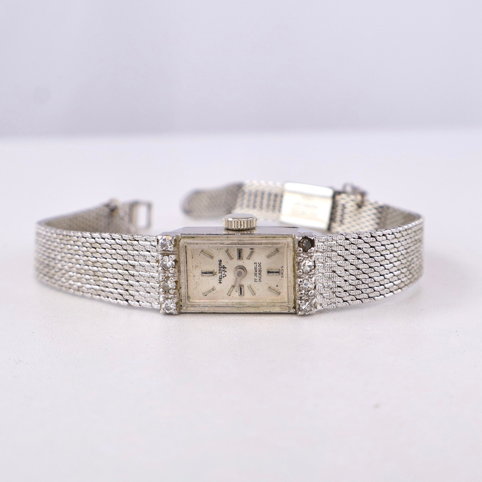 Vintage 60s Helzberg VIP 17 Jewel Swiss Watch Diamond Bezel Mesh Duchess