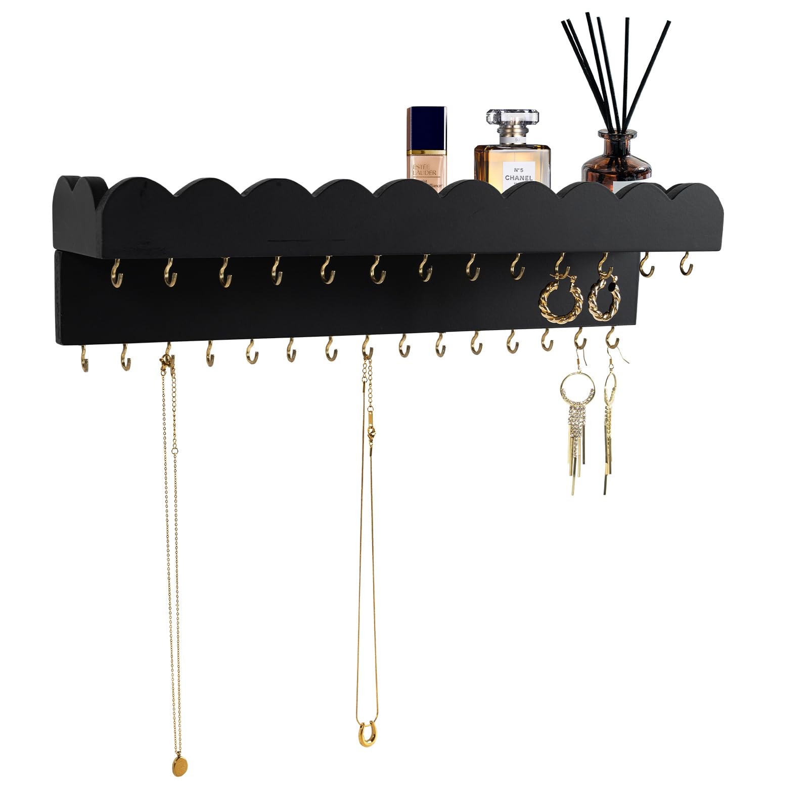 Wall Mount Jewelry Organizer 28 Hooks 15×3.4×3.5 in Black – Space Saving