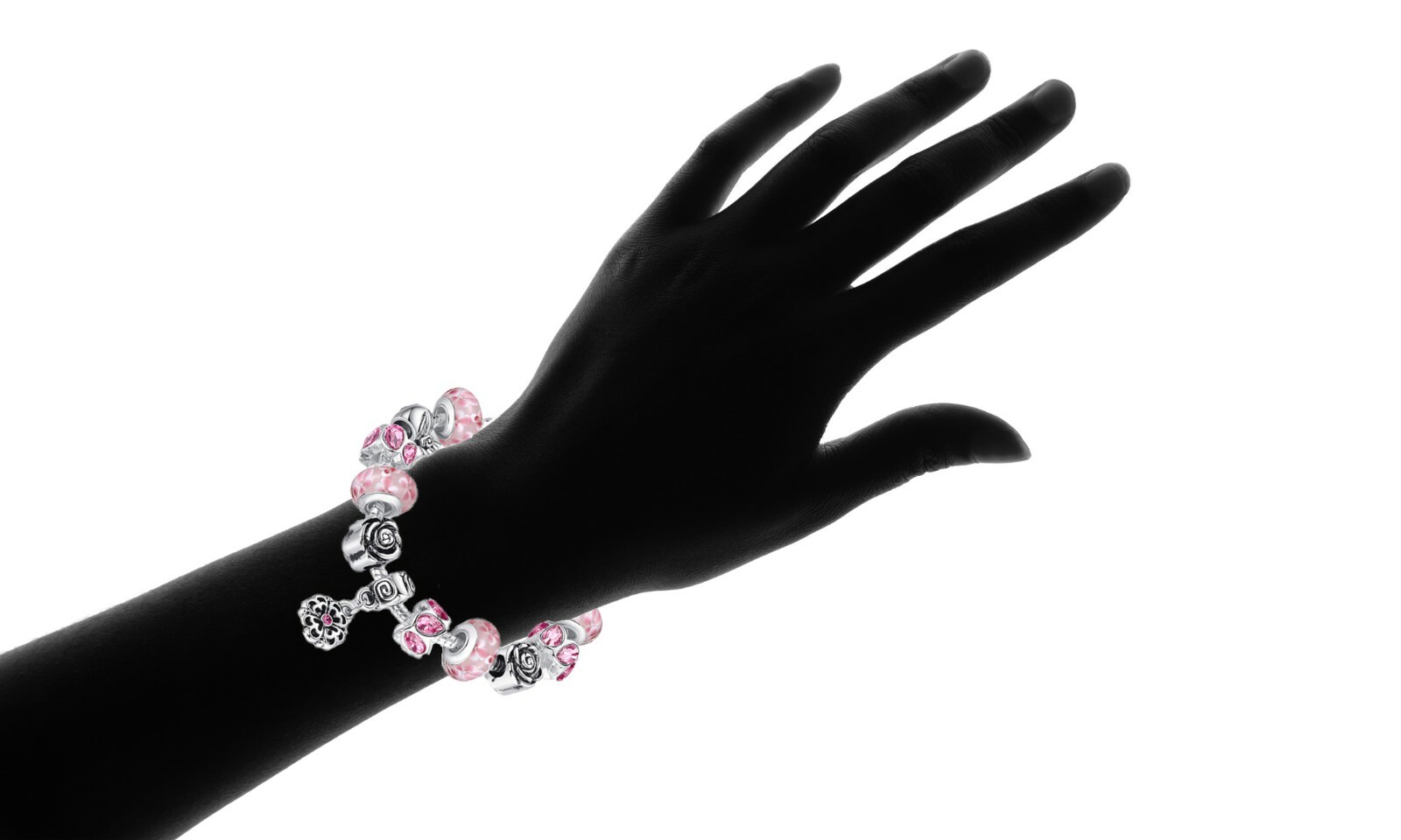 18K White Gold Plated Pink Flower Crystal CZ Charm Bracelet Made with Swarovski