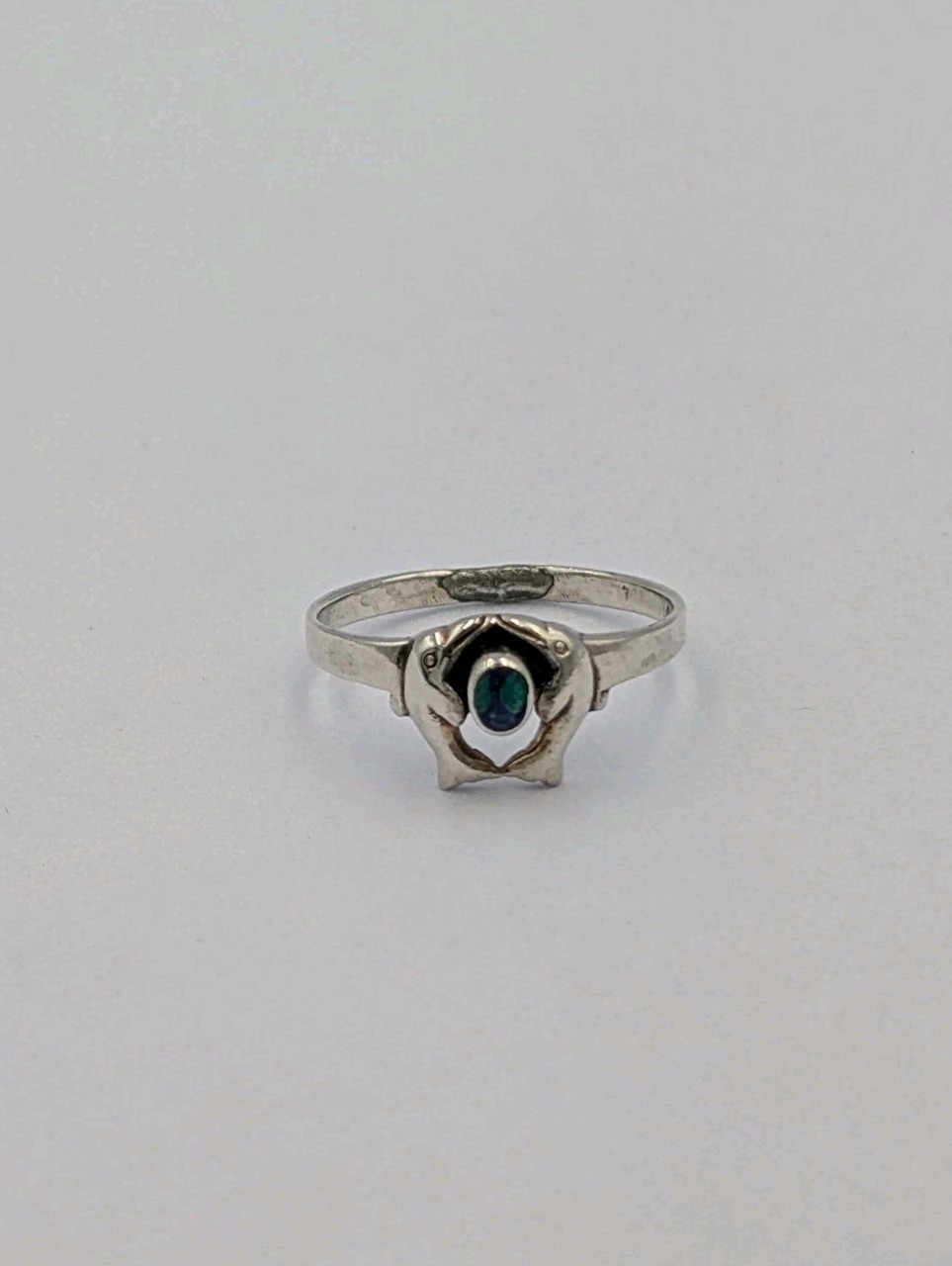 Peter Stone PSCL Vtg Sterling Silver Oval Azurite Double Dolphin 925 Ring Sz 7.5