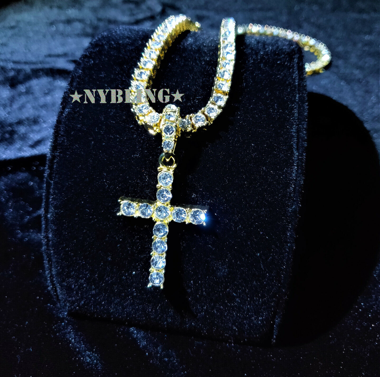 14k Gold Plated Tennis Chain Cross Pendant CZ Choker Necklace ICED Jewelry 4MM