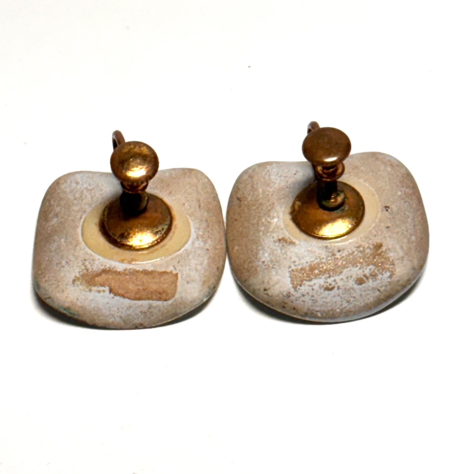 VINTAGE EARRINGS screw back MCM blue enamel goldtone edge ceramic unsigned pair