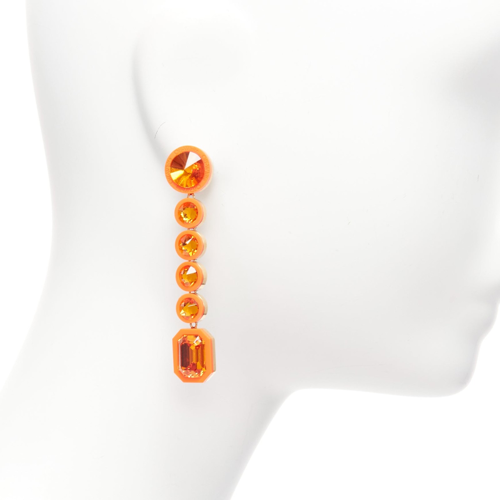 OFF WHITE neon orange gold logo jewel rhinestone drop pin earrings pair