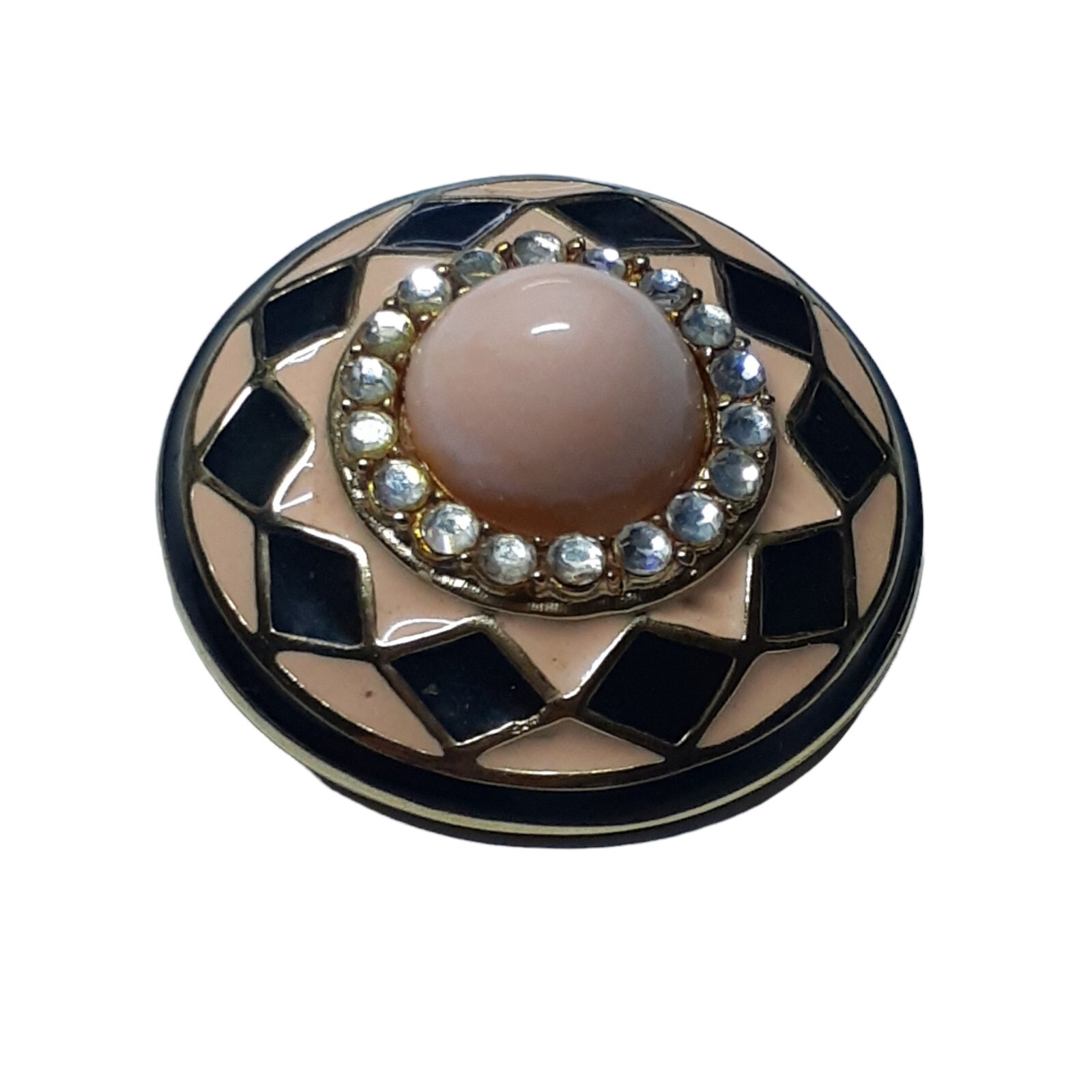 Vtg Brooch Pink Enameled Round Hat Brim Rhinestone Brown Diamond Shape Pattern