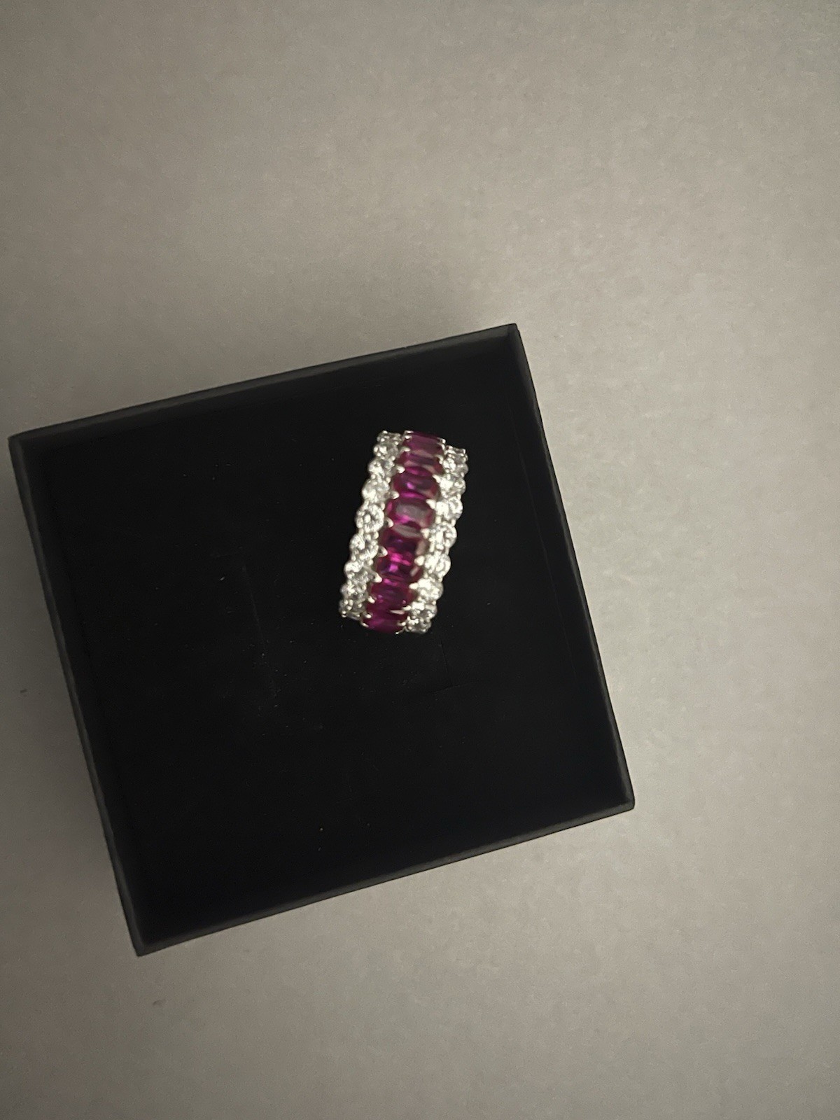 Stunning Simulated Ruby and Diamond Silver Ring Band Size 8