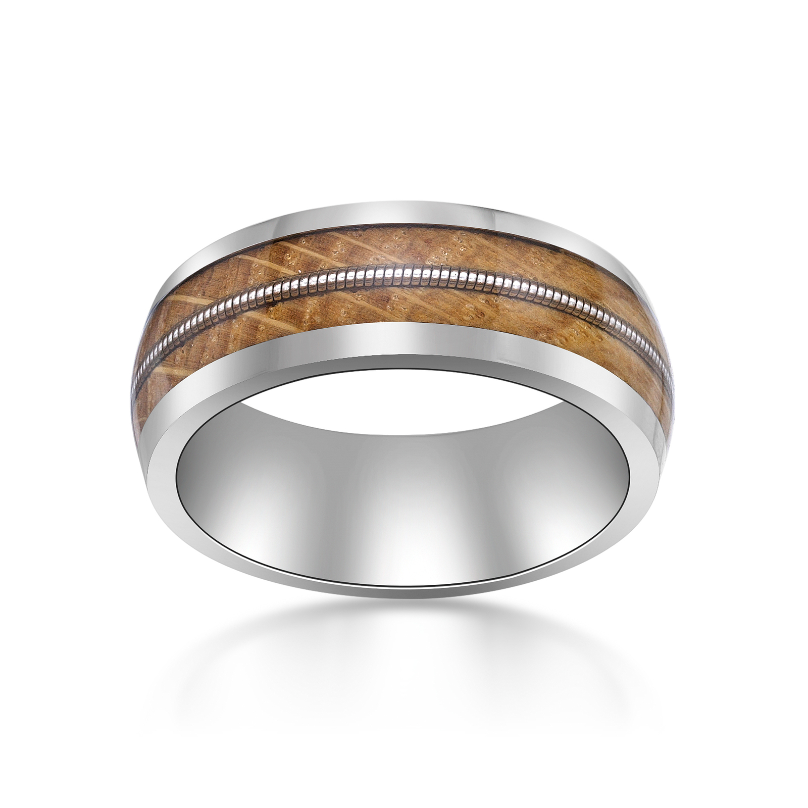 Men’s Stainless Steel Ring with Whisky Barrel Wood Inlay and Clear Resin