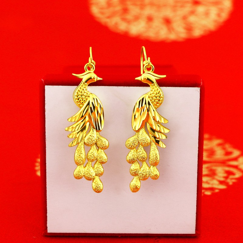 Gold Plated Phoenix Drop Earrings Chinese Wedding Women