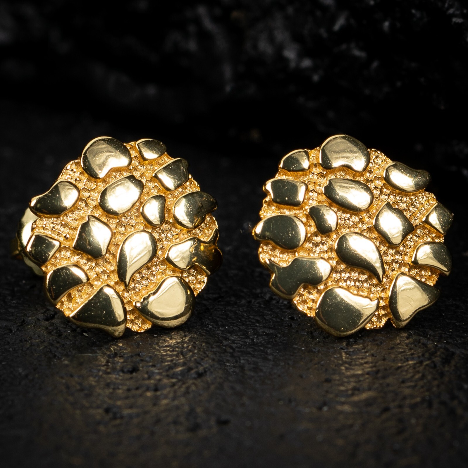 Large Men’s Circle 14K Gold Plated 925 Round Big Nugget Hip Hop Stud Earrings