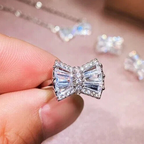 Christmas Gifts Ring 2 Ct CZ Dazzling Bow Tie Wedding Ring Silver Plated Unisex