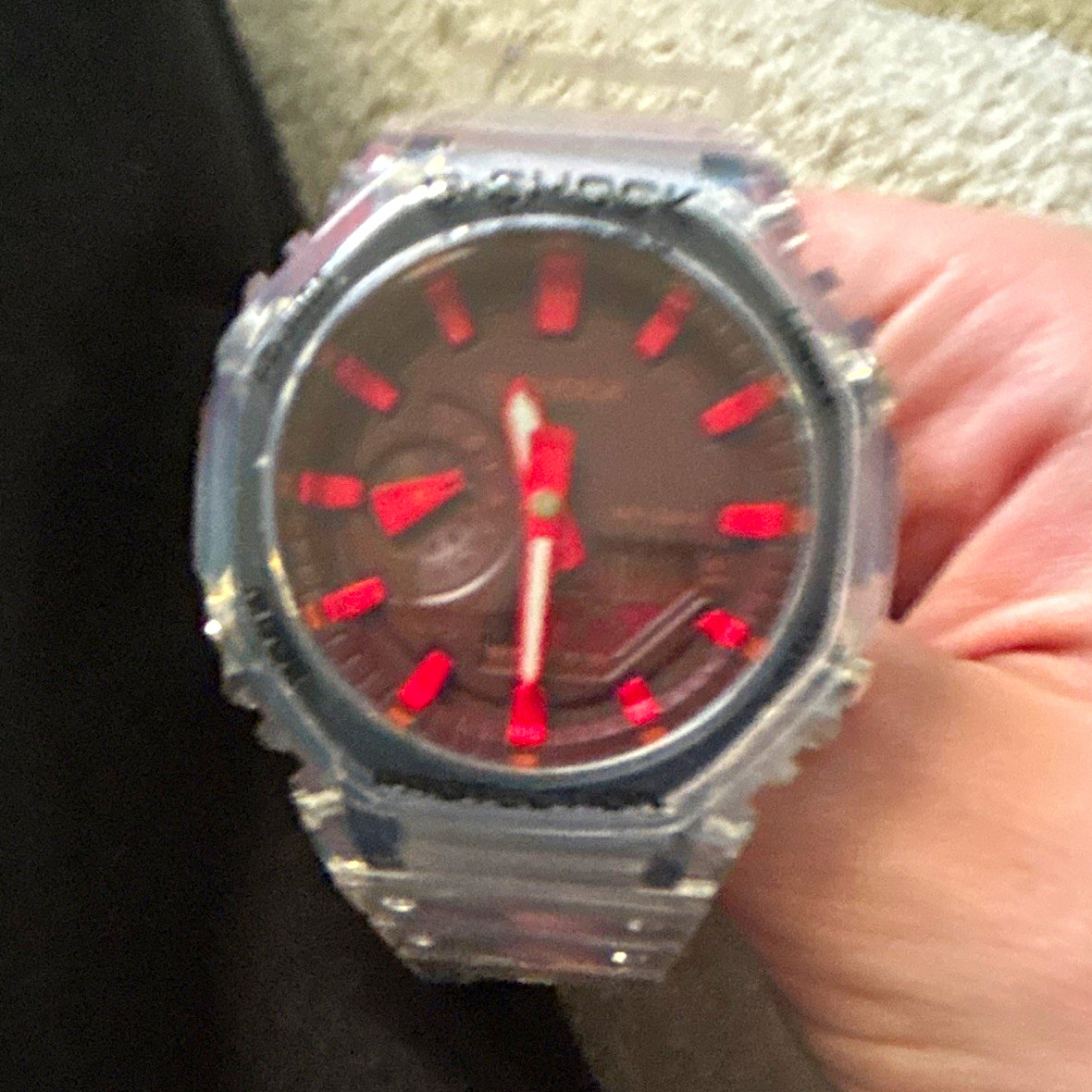 Casio G-SHOCK Analog Quartz 200m Clear Resin Strap Black/Red Dial 45mm
