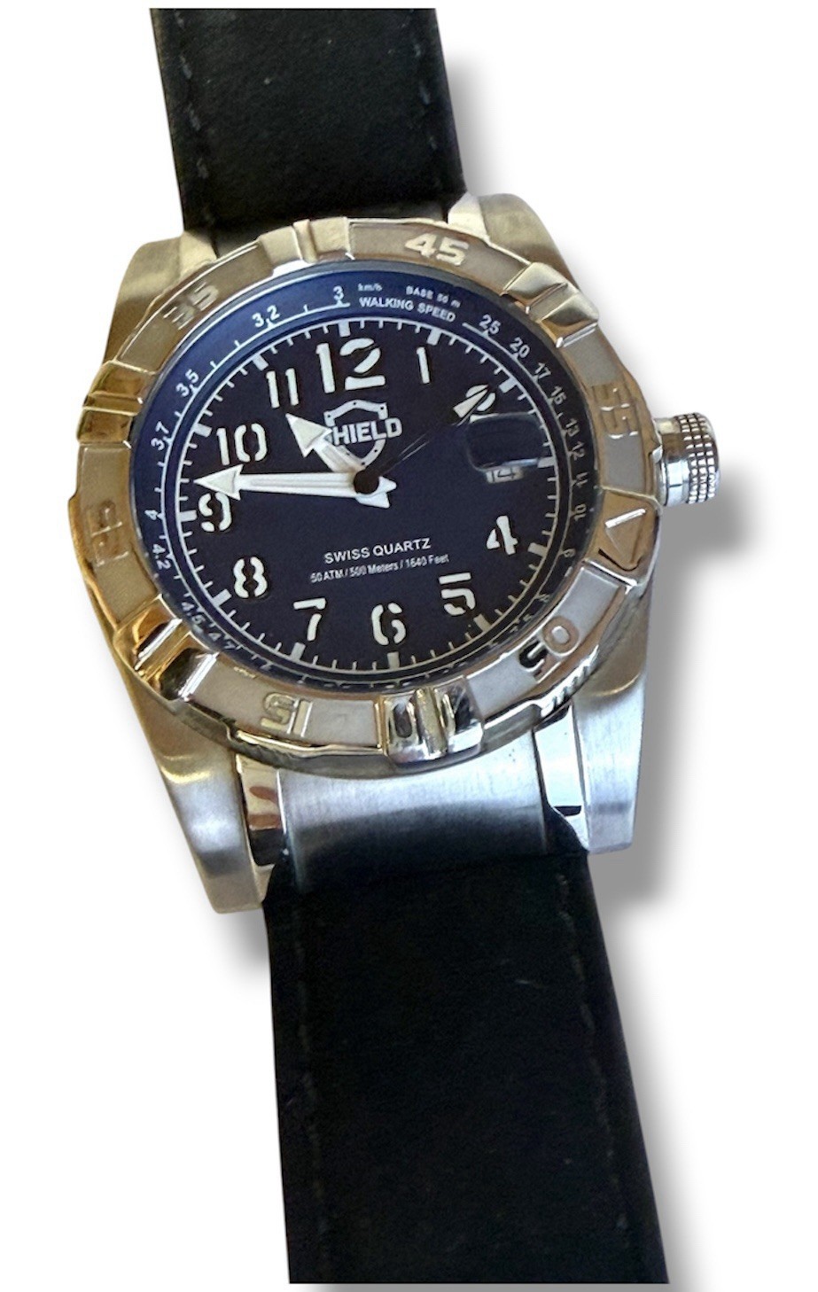 SHIELD Jarrod Leather-Band Swiss Men’s Diver Watch – Silver/Navy
