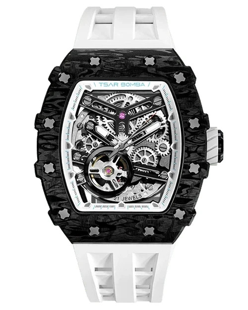 TSAR BOMBA Mens Automatic Watch Carbon Fiber Skeleton Tonneau Sapphire White Str