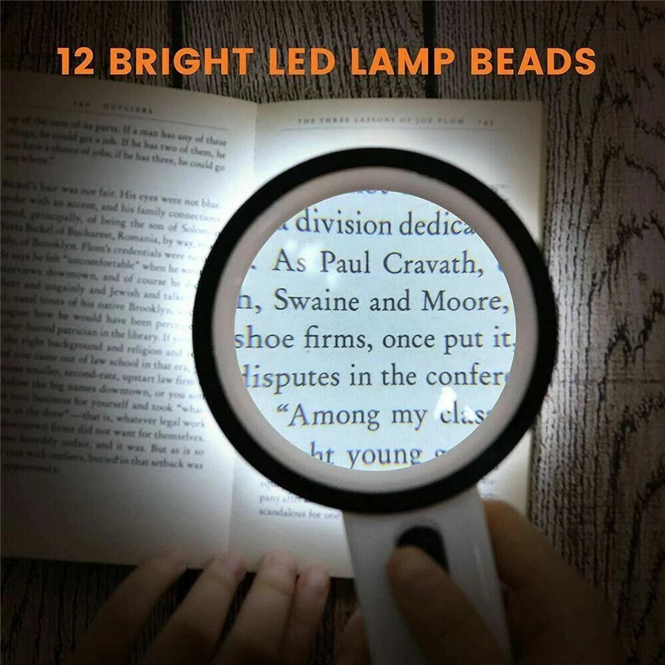 30X Jumbo Handheld Magnifying Glass w/ 12 Bright LED Light Illuminated Magnifier