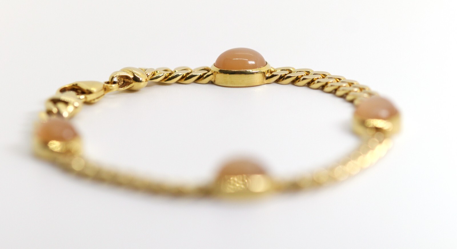 Flat Curb Link Bracelet Yellow Gold Rose Quartz Cabochon 14kt – 585, L: 20cm
