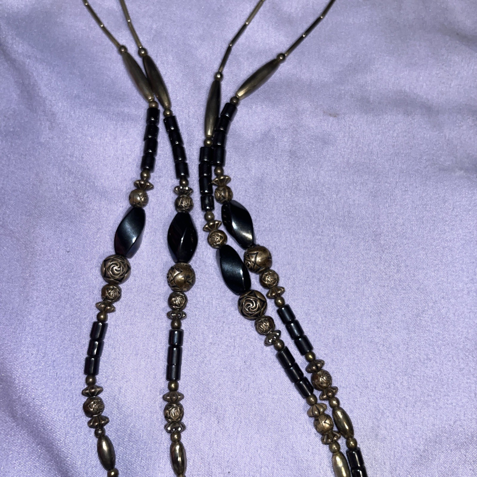 Vintage tribal Double-Strand Necklace Teardrop Charm Pendant Gold Tone Bead