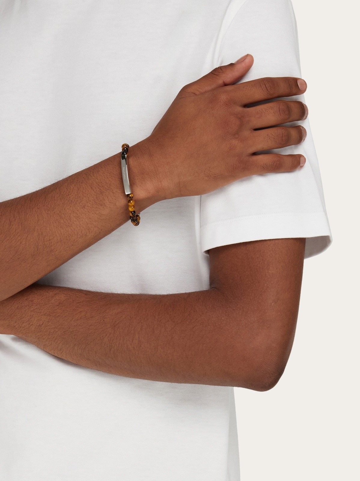 Ferragamo Mens Semi-Precious Tiger Eye Stones Logo Stretch Bracelet 19 NEW
