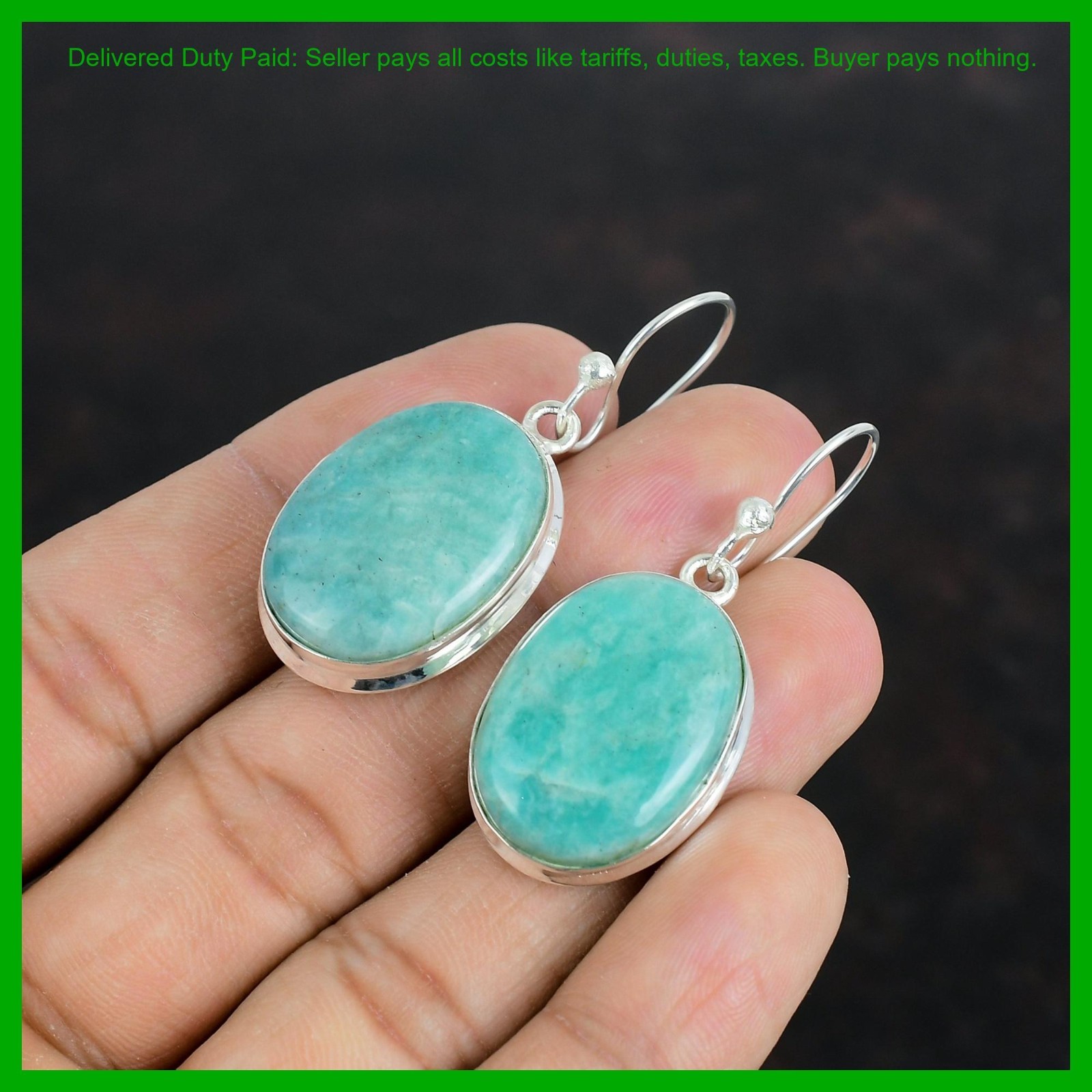 Oval Amazonite Gemstone Dangling Handcrafted Artisan Earrings Jewelry 925 Silver