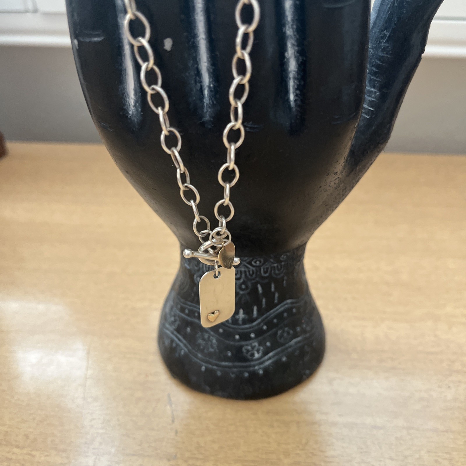 Sterling Silver Jane Basch Dog Tag Necklace 14k Gold Heart Monogram “C” 15.2 Gr