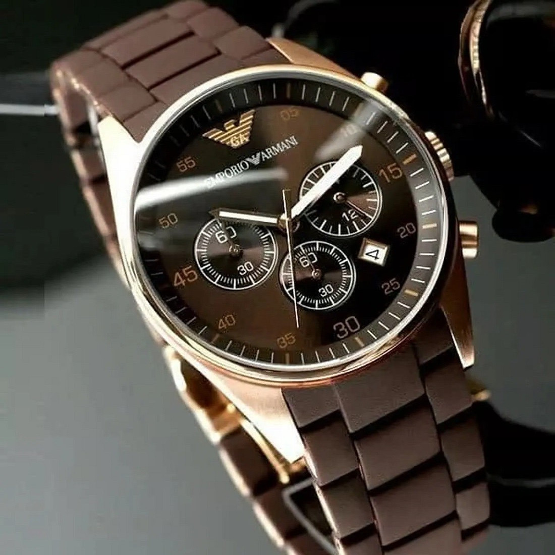 NEW GENUINE EMPORIO ARMANI AR5890 BROWN & ROSE GOLD SILICONE STRAP MENS WATCH