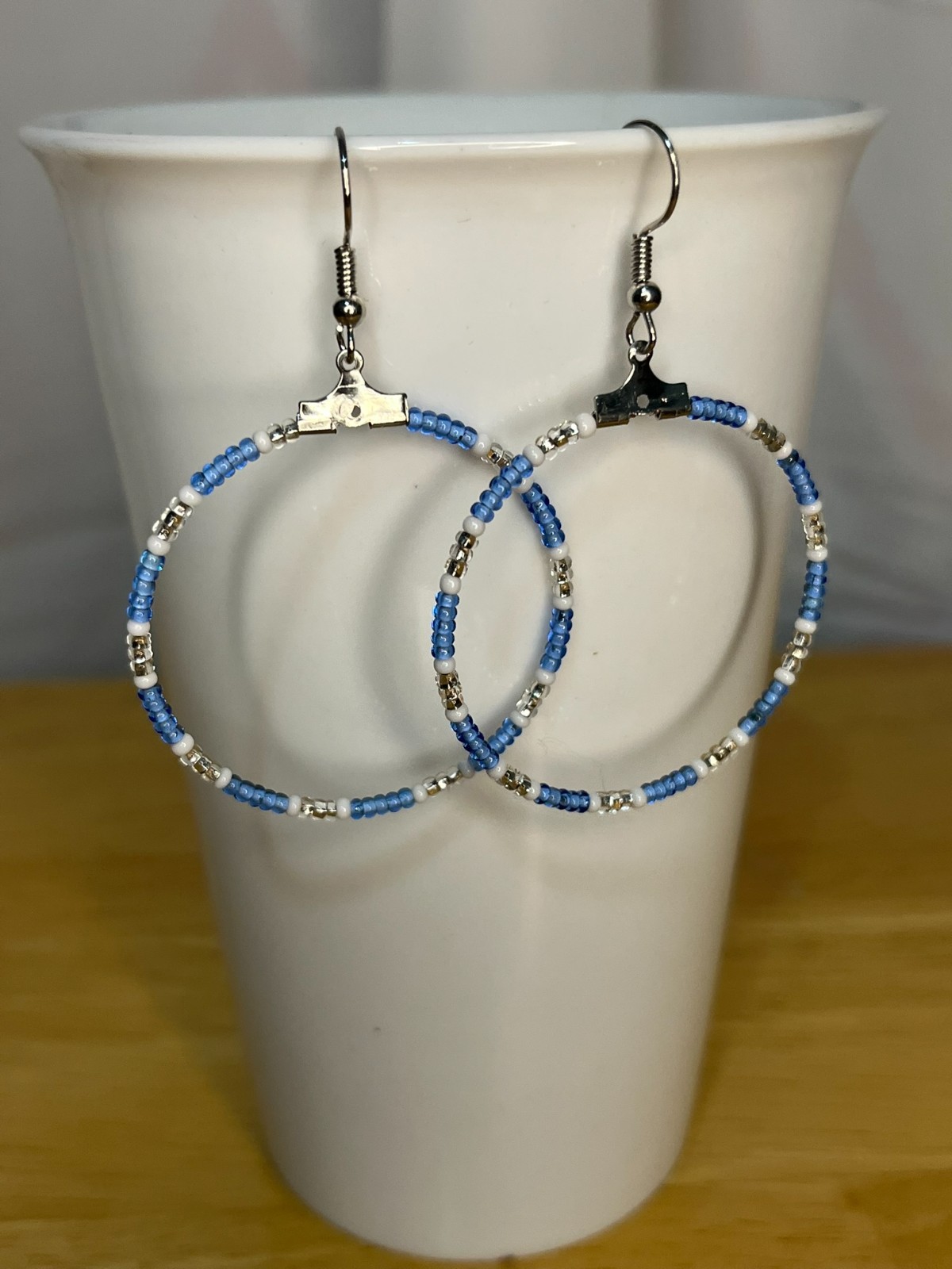 Handmade Beaded Earrings – Blue White Silver hoops