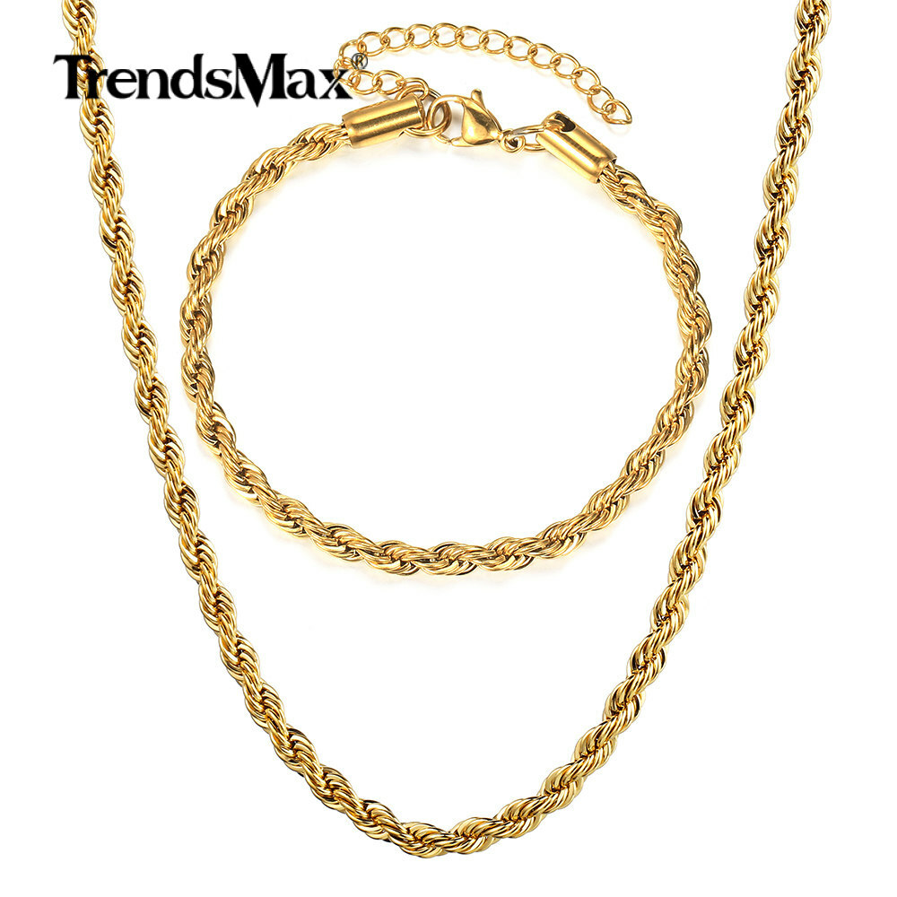 3/5MM Gold Stainless Steel Rope Chain Necklace Bracelet Unisex Jewelry Set 7-30″