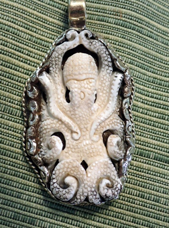 Octopus Squid Carved Pendant in Tibetan Silver Arms curled up approx 2 1/8 “