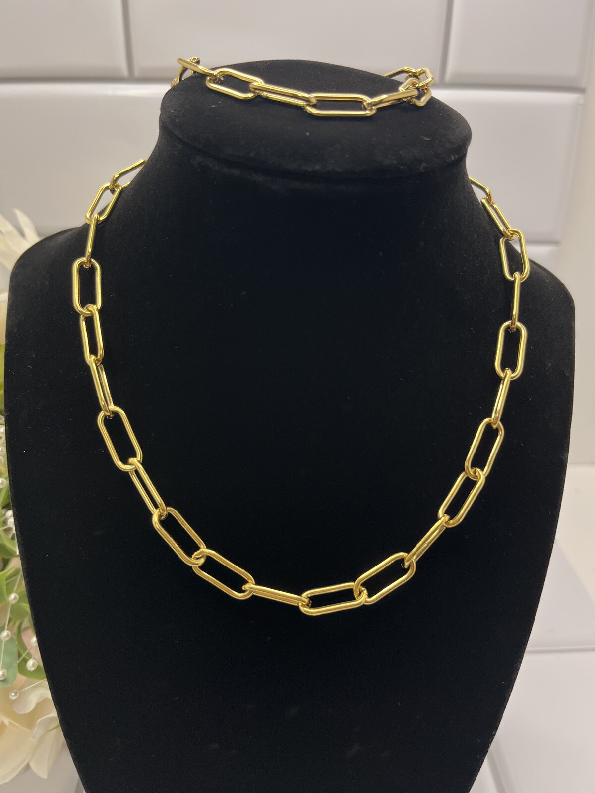 Women Girl Stailess Steel Gold tone Paper Clip Link Chain Necklase