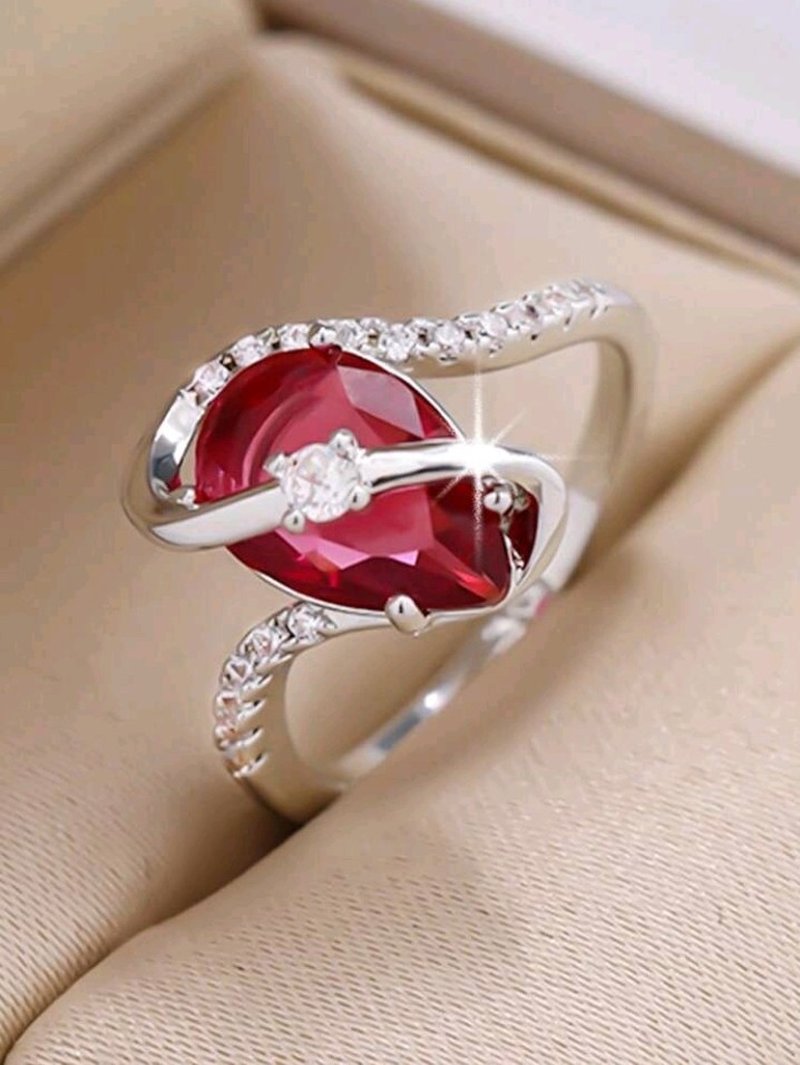 Silver-Plated Copper Ring Pear-Shaped Hot Pink CZ White/Colorless Inlay Size 8