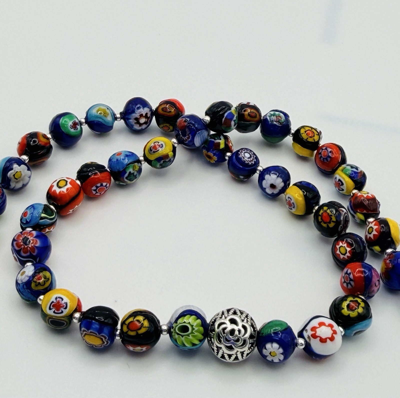 VTG Artisan Necklace Sterling Silver & Millefiori Venetian Murano Glass Bead 22″