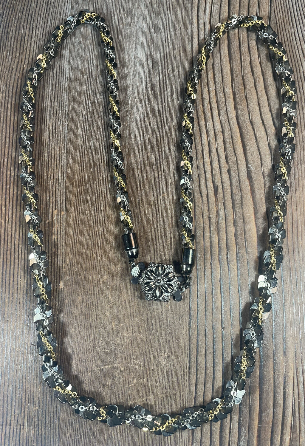 VTG Twist Chain Necklace Gunmetal Black & Silver/Gold Tone 25” Flower Clasp