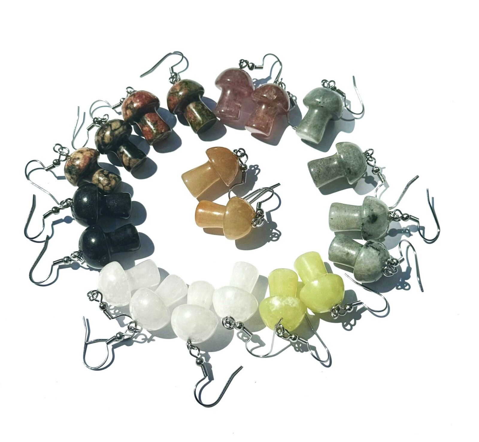 New Handmade Carved Mushroom Genuine Stone Earrings assorted Stones 1 3/4 inches