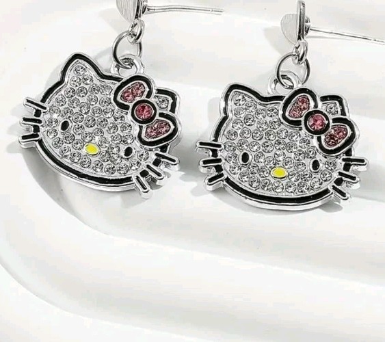Rinestones Embellished Hello Kitty Stud Earrings, Silvertone, Dainty, Dangle