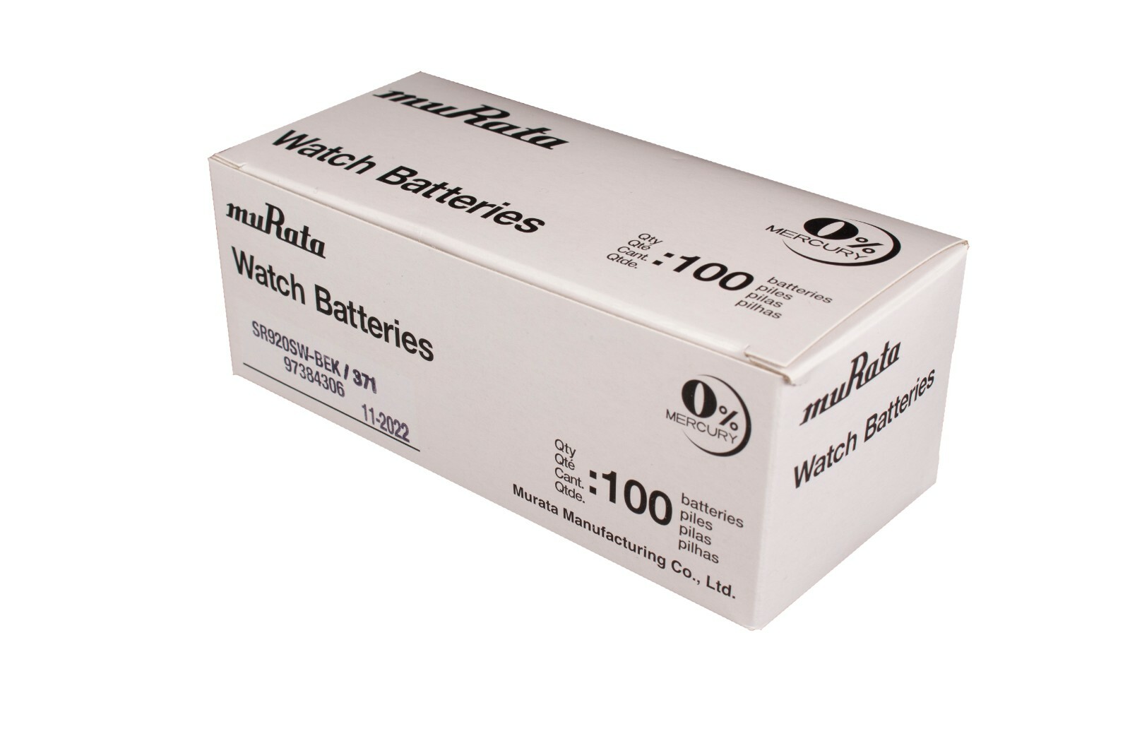 Murata 371 formerly Sony 371(SR920SW) 1.55V Watch Battery (100 Pack) EXP 06/2025