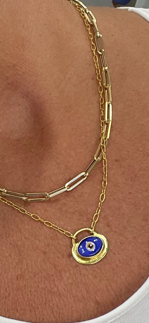 18k Yellow Gold Blue Evil Eye GREEK PADLOCK PAPERCLIP LINK 18″ CHAIN NEW