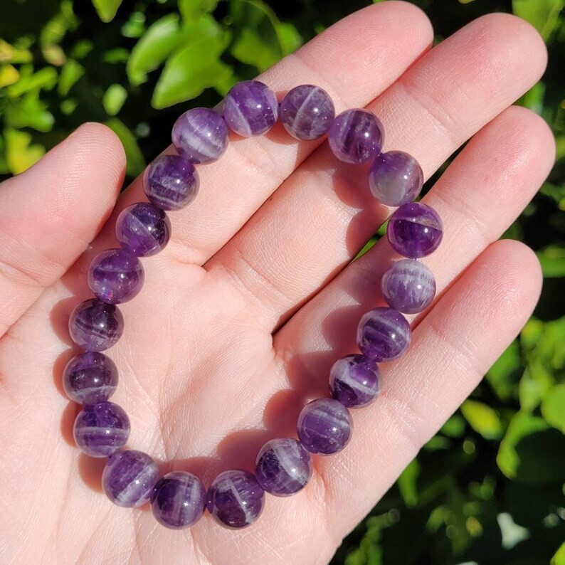 Amethyst Stone Beaded Healing Bracelet Purple Crystal Gemstone Stretch Bracelet