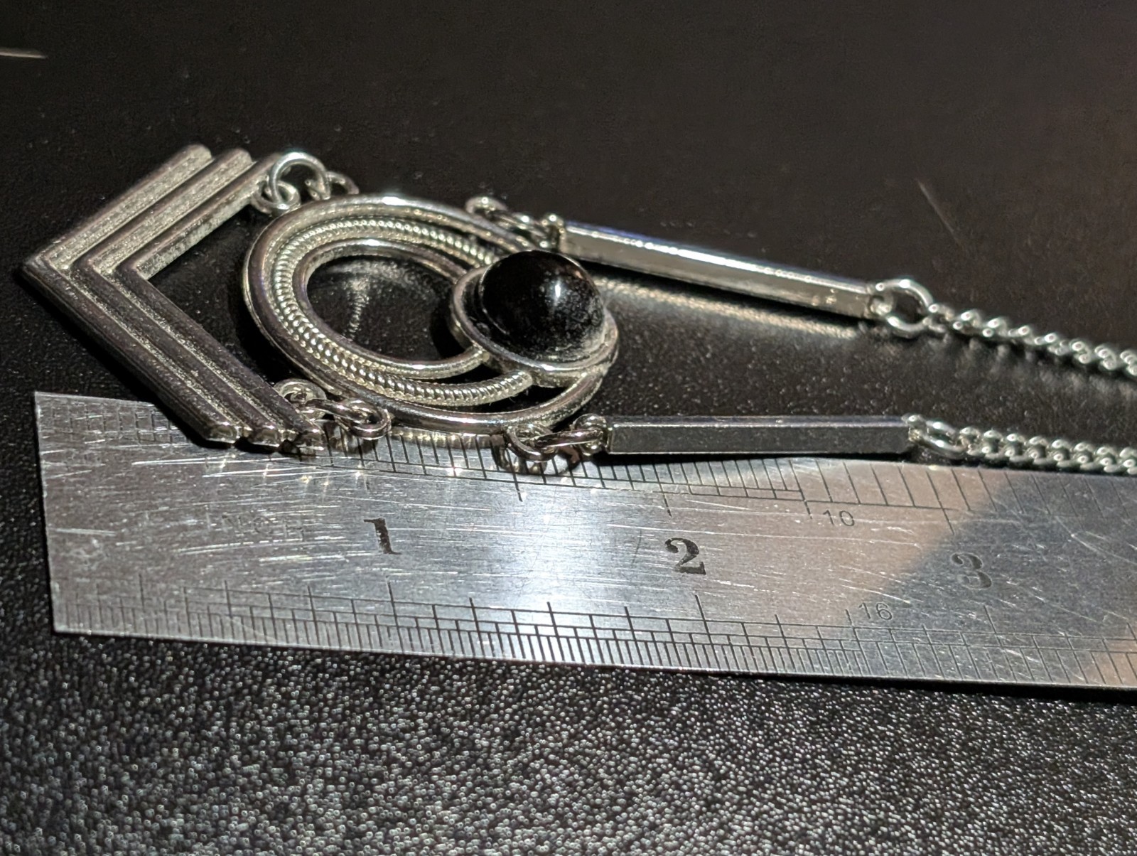 Vintage Art Deco Geometric Chevron Pendant Necklace Silver Tone Black Onyx Style