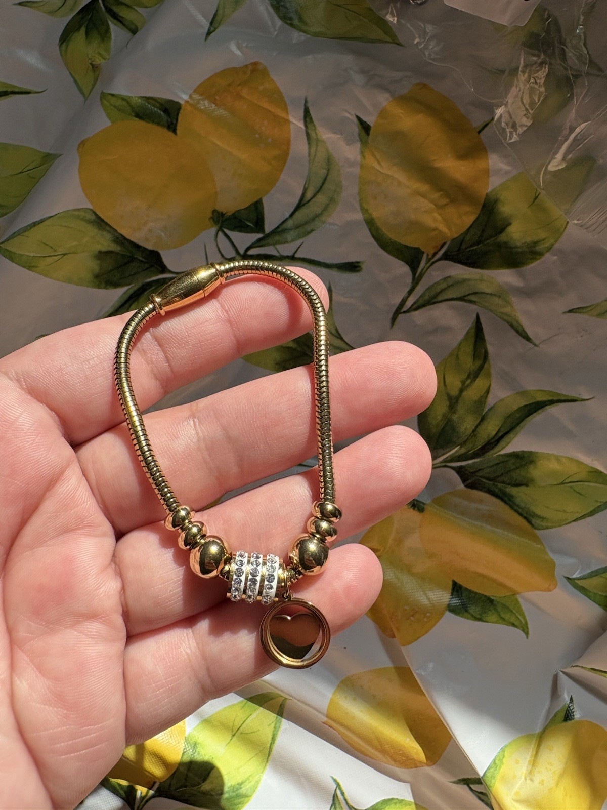 Gold Tone Snake Chain Slide Charm Bracelet Heart Dangle Clear Pavé Crystals