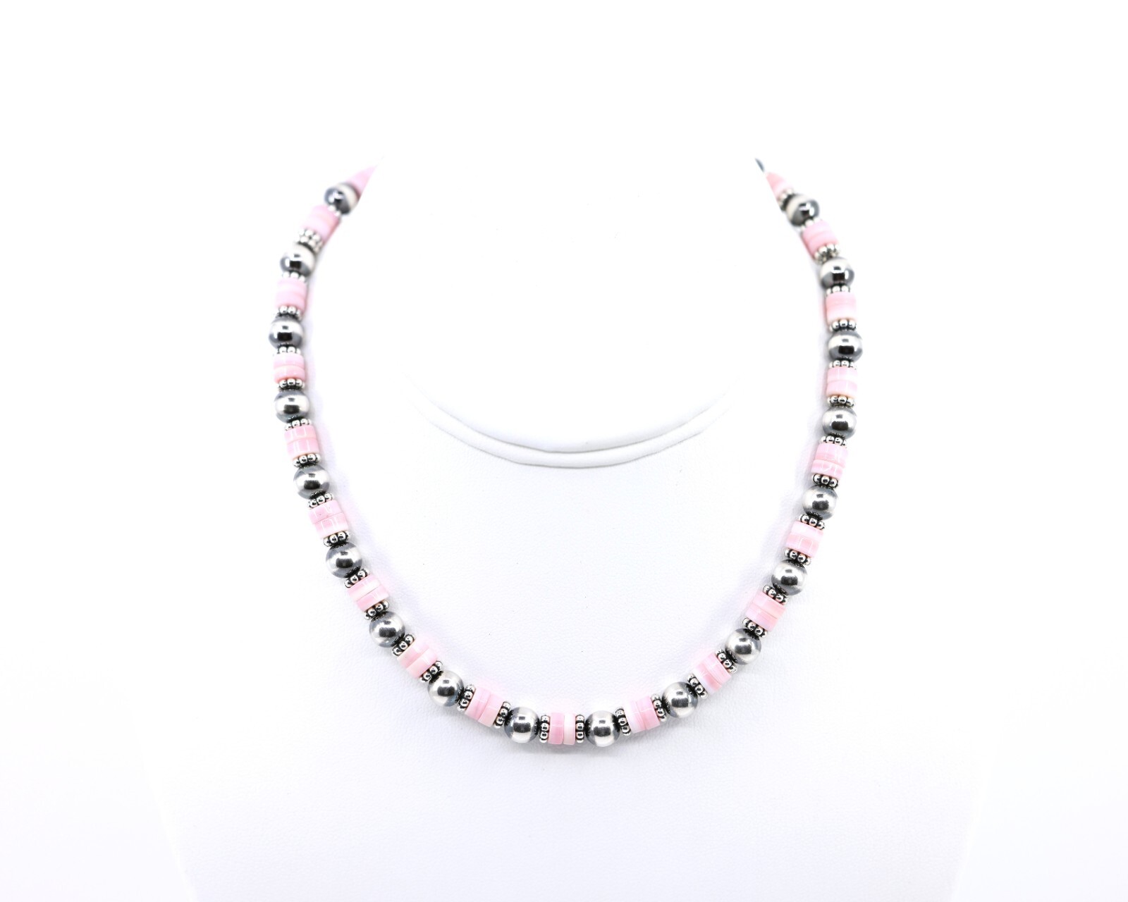 Queen Conch & Navajo Pearl Necklace, 6mm Pink Heishi Beads, Sterling Silver
