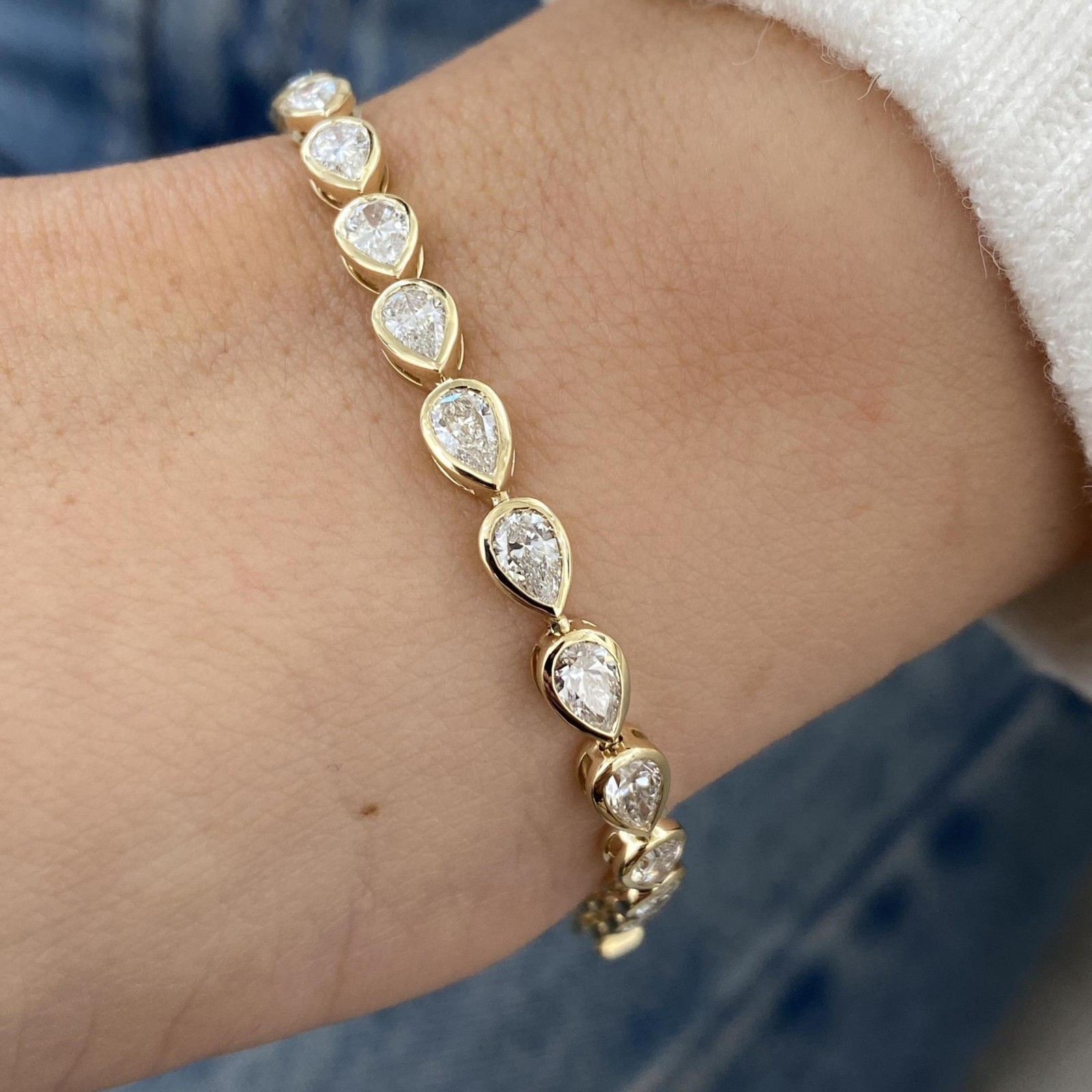 Bezel Style Party Wear Tennis Bracelet Pear Lab Grown Diamond 14k Yellow Gold