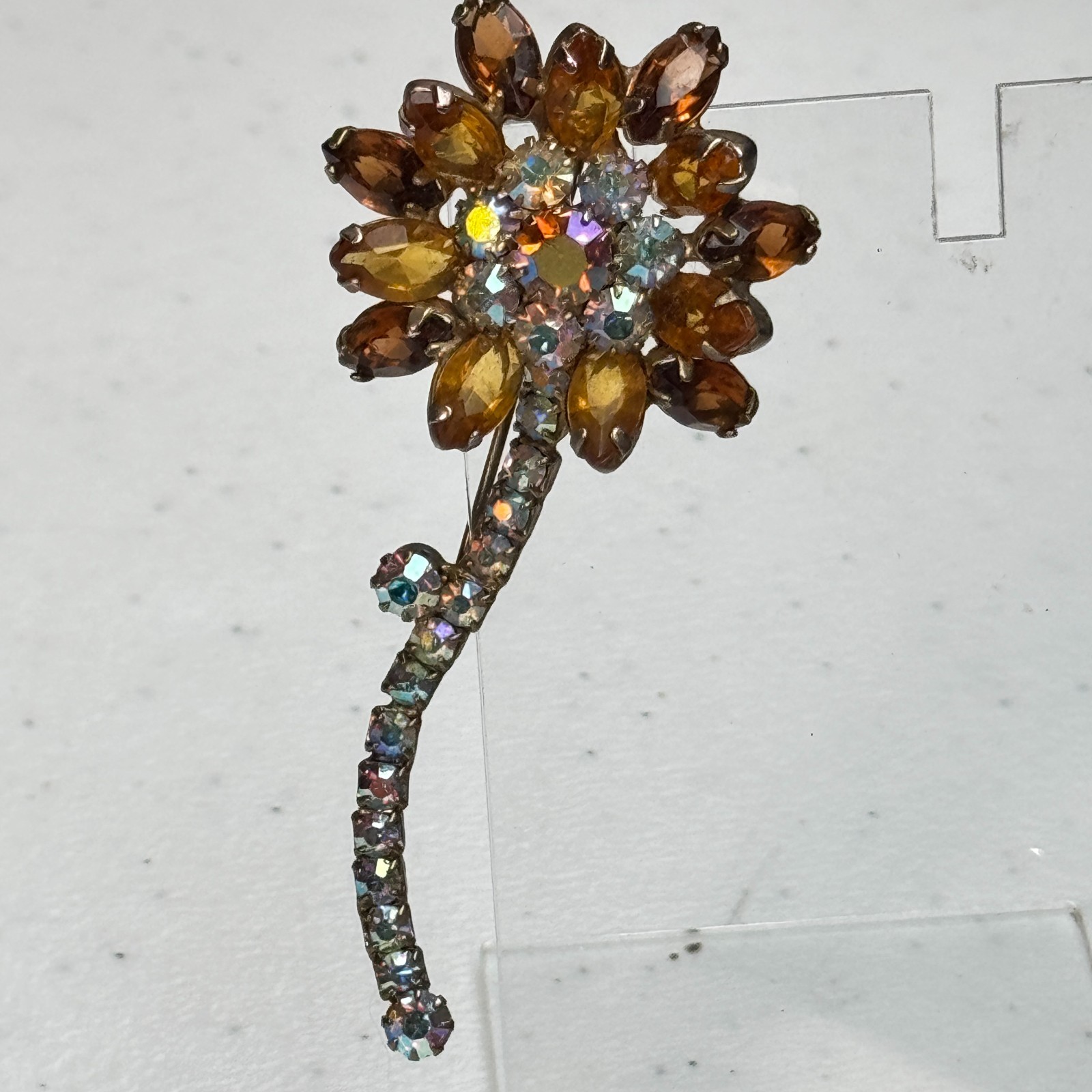 Vintage Brooch Brown Rhinestone Flower AB Stem Daisy MCM 50s 60s